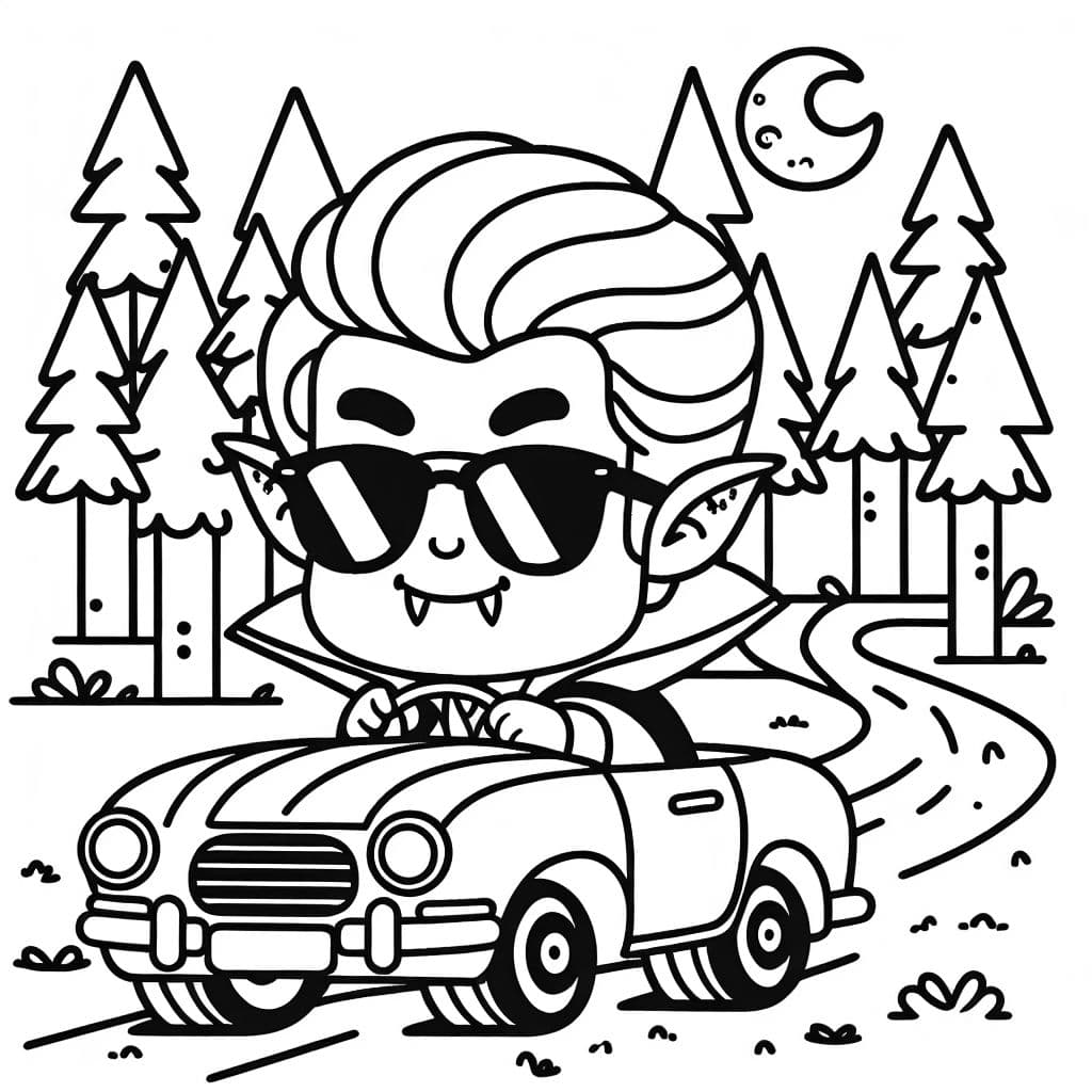 A vampire wearing sunglasses and driving a car in the Forest