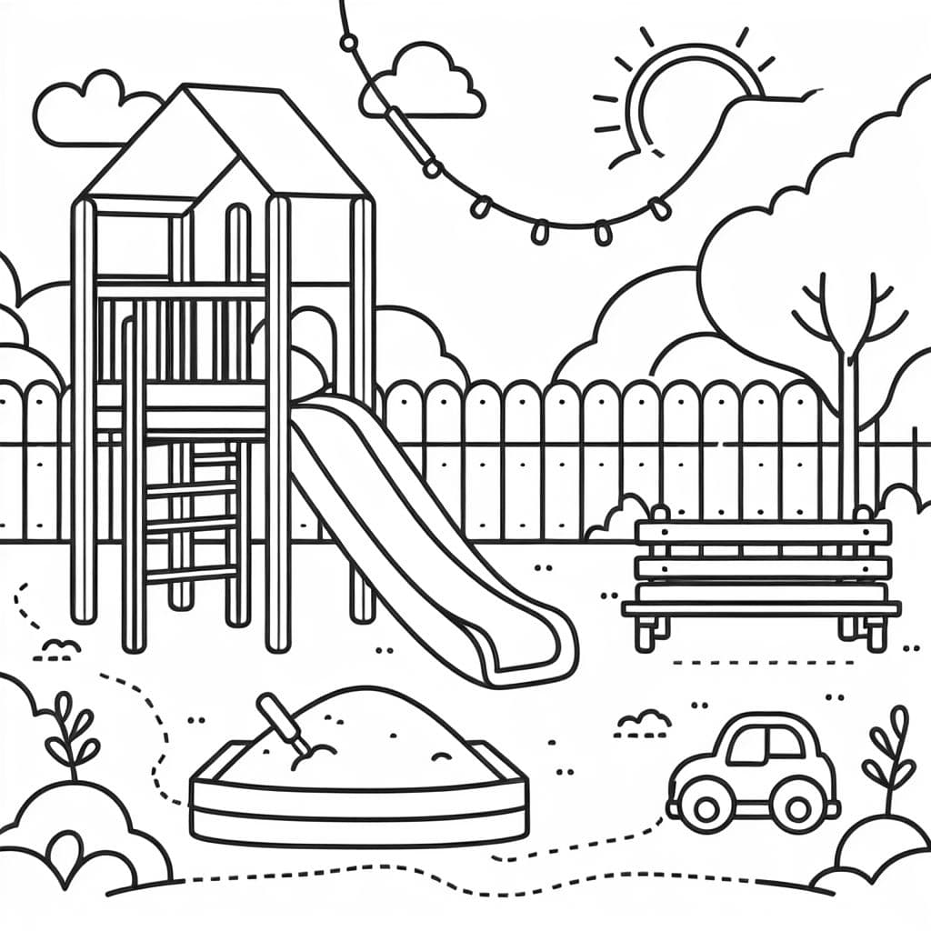 einen einfachen Spielplatz mit einer Rutsche, einem Sandkasten und einer Drahtseilbahn