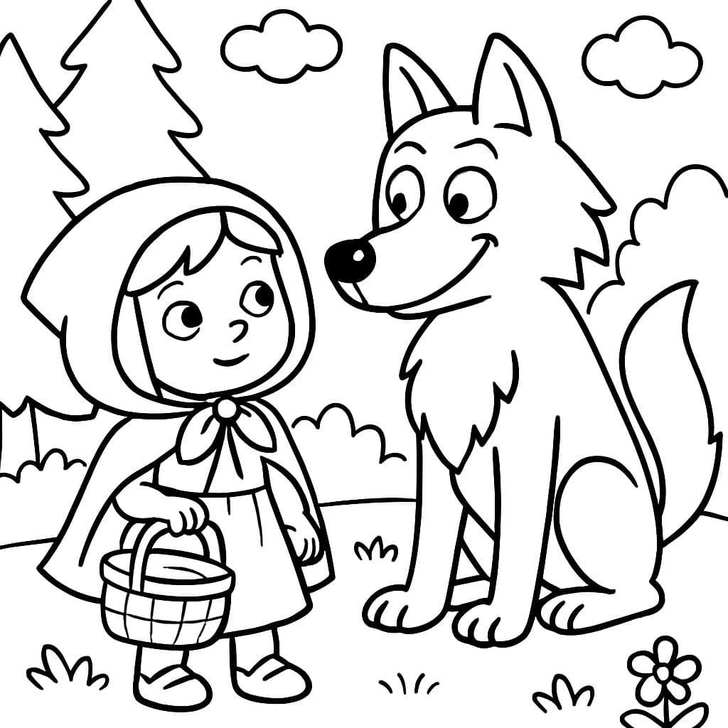 Caperucita roja con el gran lobo malo mirándola.