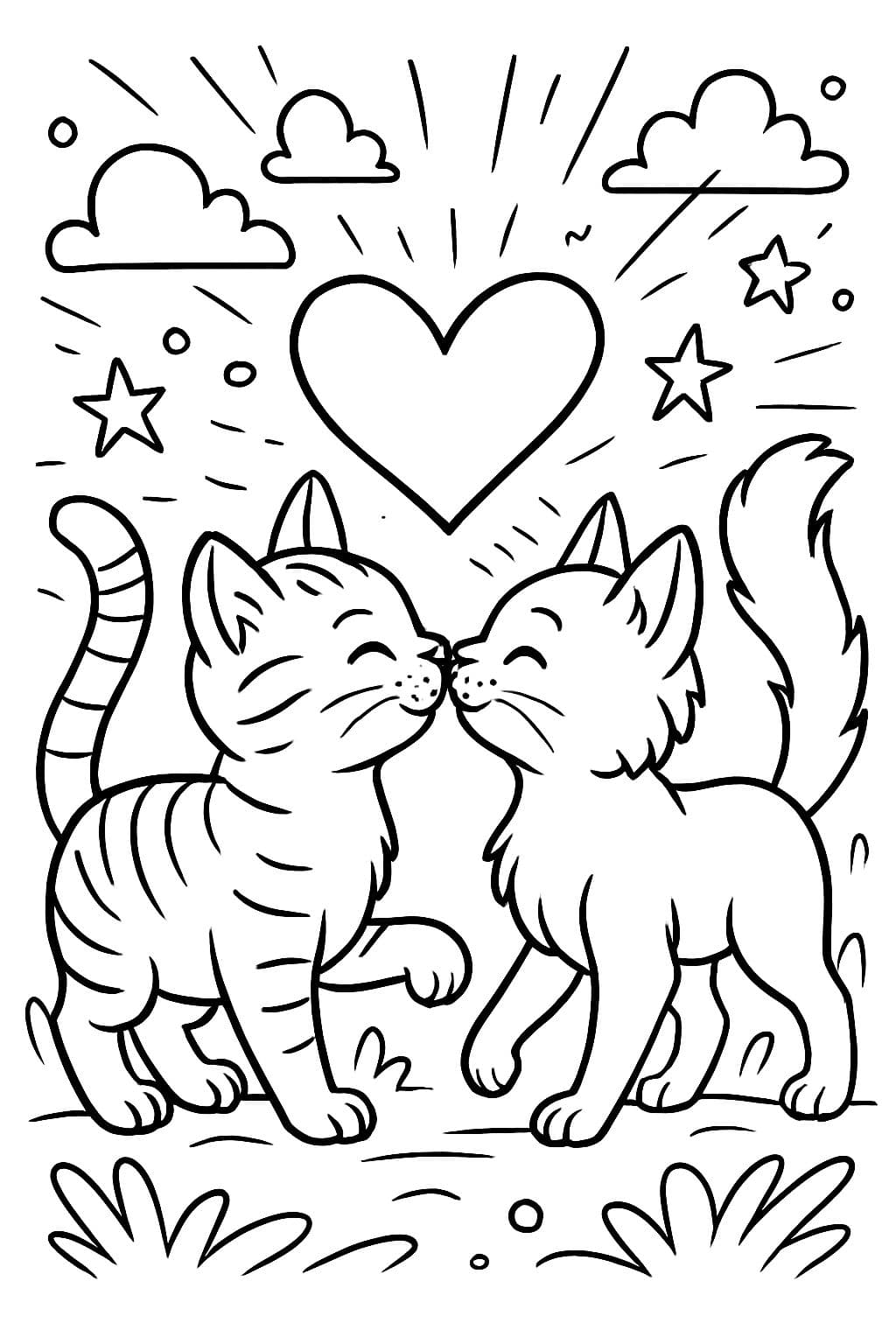 dos gatos tocando sus narices con un corazón entre ellos