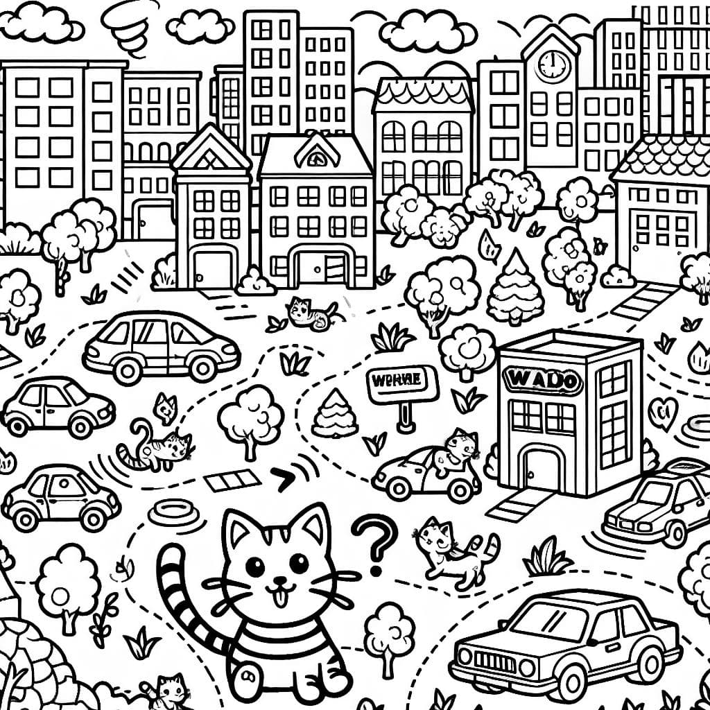 gatos em uma cidade inspirada em 'Onde está Wally?' e no jogo de tabuleiro Micro Macro