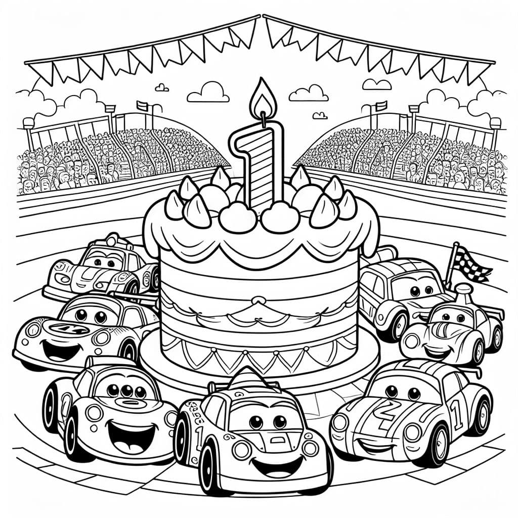 Autos de carrera con un pastel para un primer cumpleaños