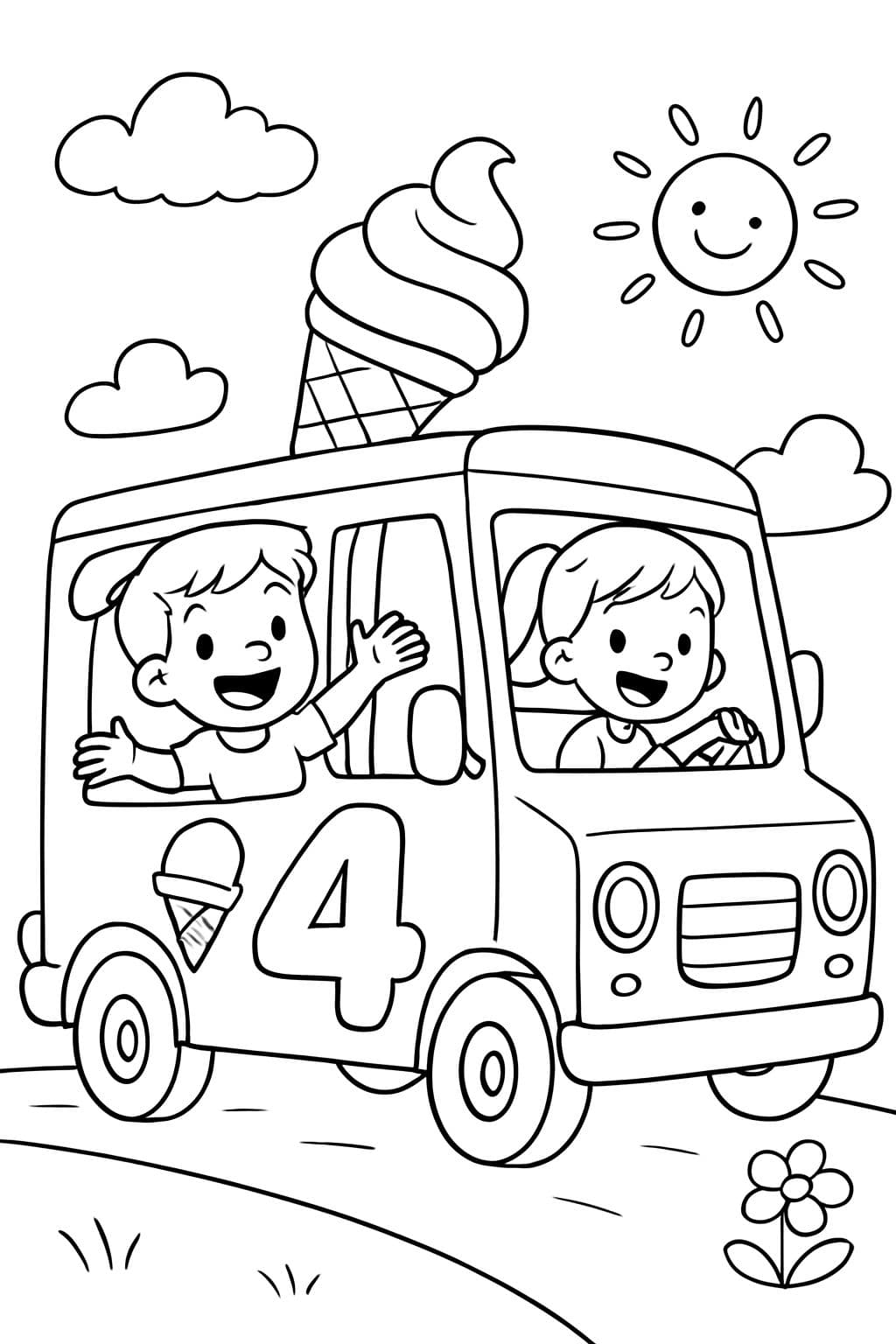 Ein Eiswagen mit der Zahl 4 in Kügelchenbuchstaben.