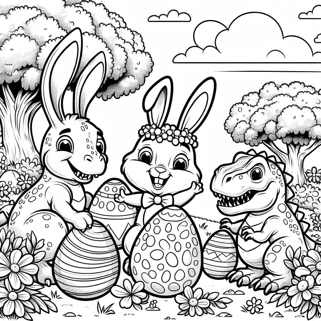 Un conejo de Pascua con huevos de dinosaurio y dinosaurios