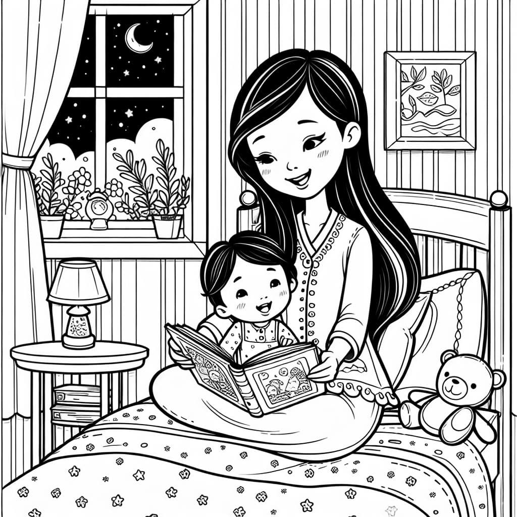 A mom with long dark hair reading to her toddler boy while they are sitting on the bed