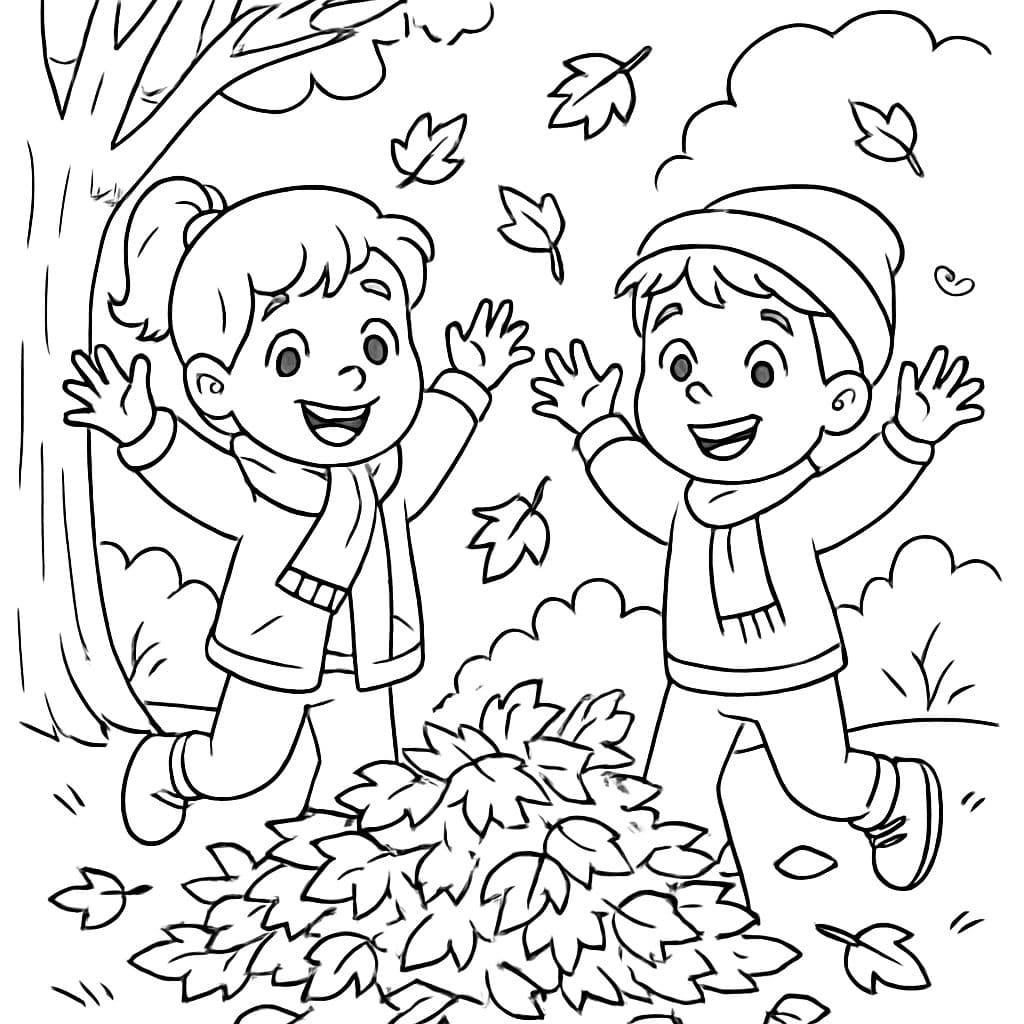 Una niña y un niño jugando en las hojas de otoño.