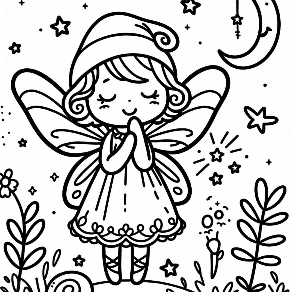 Hada de Buenas Noches - una página para colorear colorida de una hermosa hada enviando deseos de buenas noches a todos los niños.