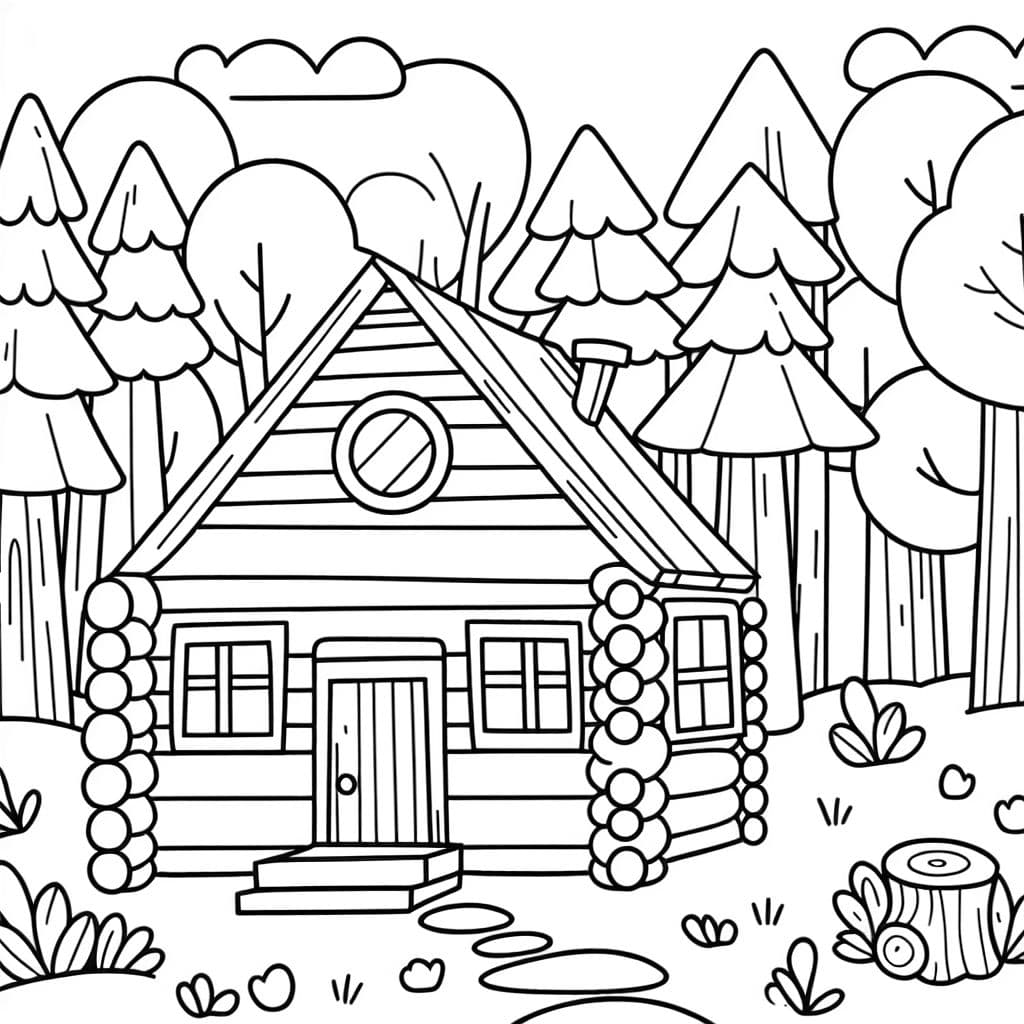 Una hermosa página para colorear de una casa en el bosque, rodeada de árboles y naturaleza.