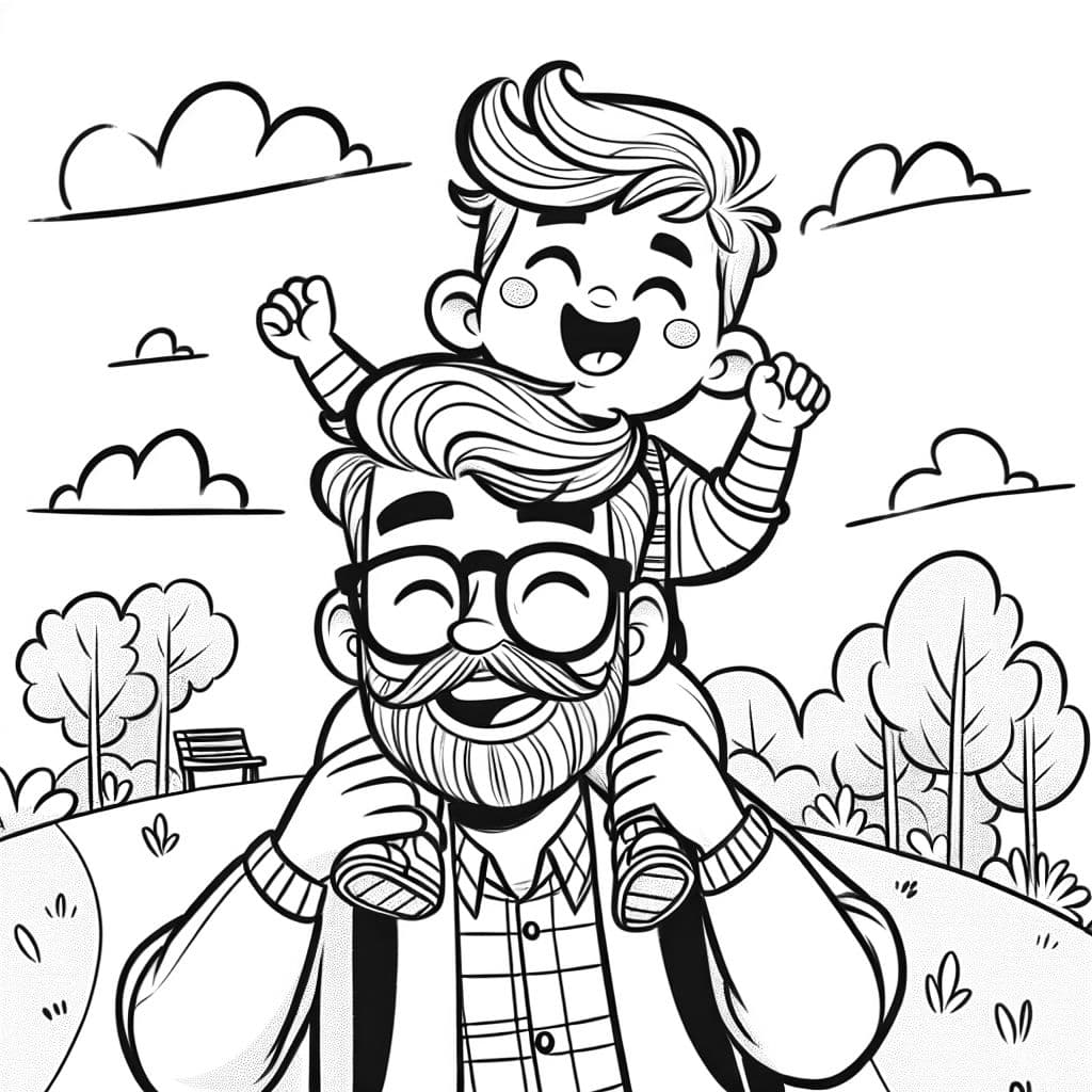 Das with glasses, beard, wavy hair with little boy on shoulders with curly hair and bangs