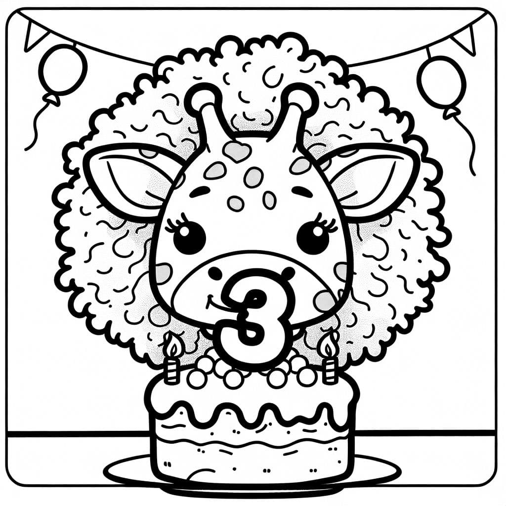 Une girafe fille aux cheveux bouclés mange un gâteau d'anniversaire avec le chiffre 3 dessus.