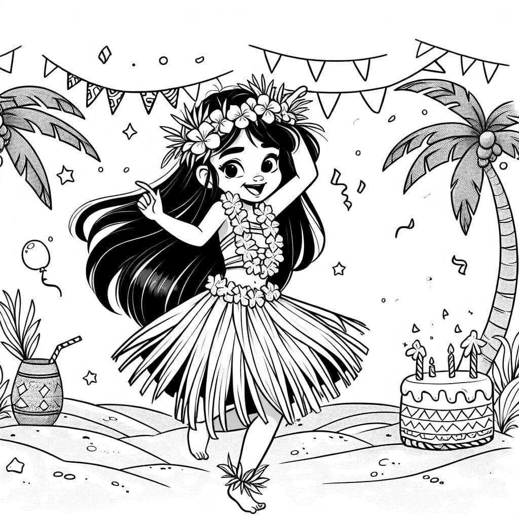 Joyeux anniversaire Domino. Fille aux longs cheveux noirs. Thème hawaïen