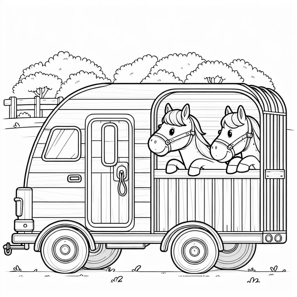 Animal transport trailer with two horses in the back. Drawing only lines with a white background to color. Childish.
