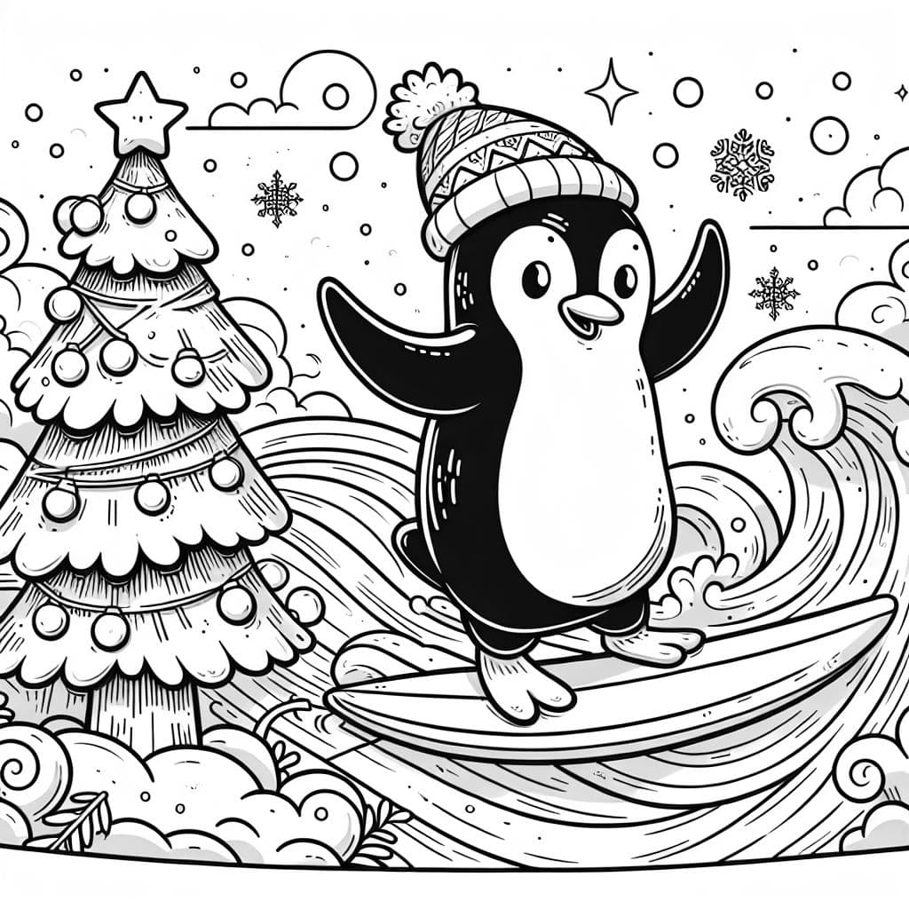 pinguin surfing a snow wave on a christmas tree
