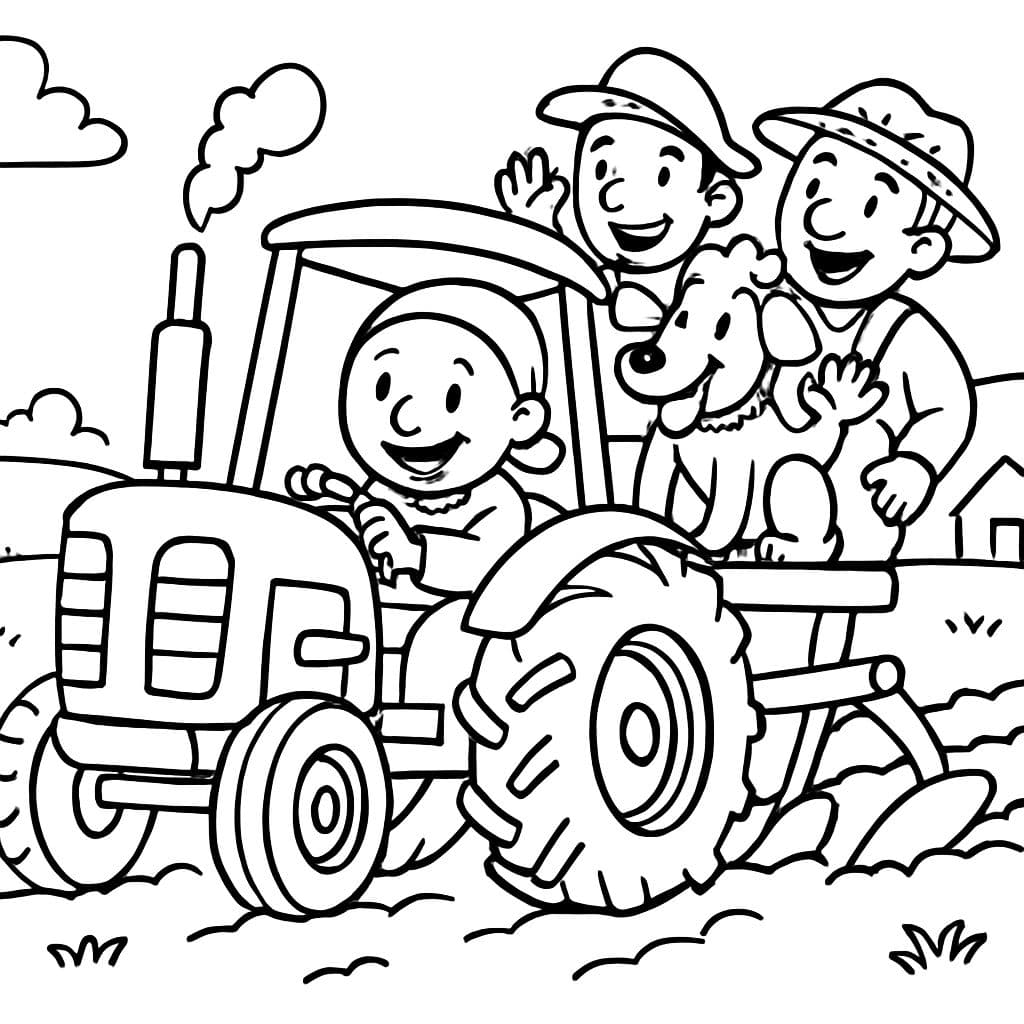 una granjera (pequeña, sin cabello), dos granjeros y un perro en un tractor con un arado