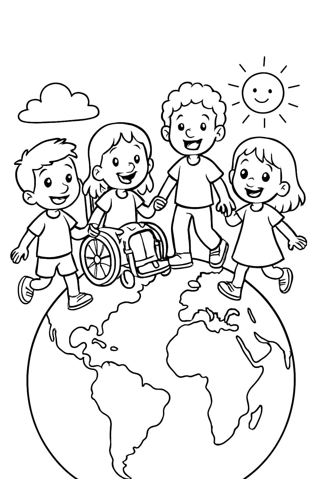 un globe avec des enfants handicapés et non-rappelez-vous debout dessus se tenant la main
