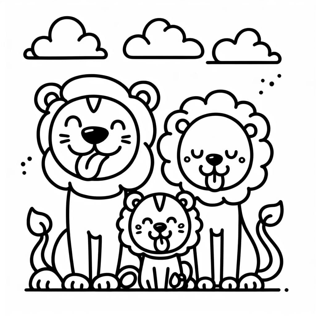Une adorable famille de lions tirant la langue. Parfait pour colorier !