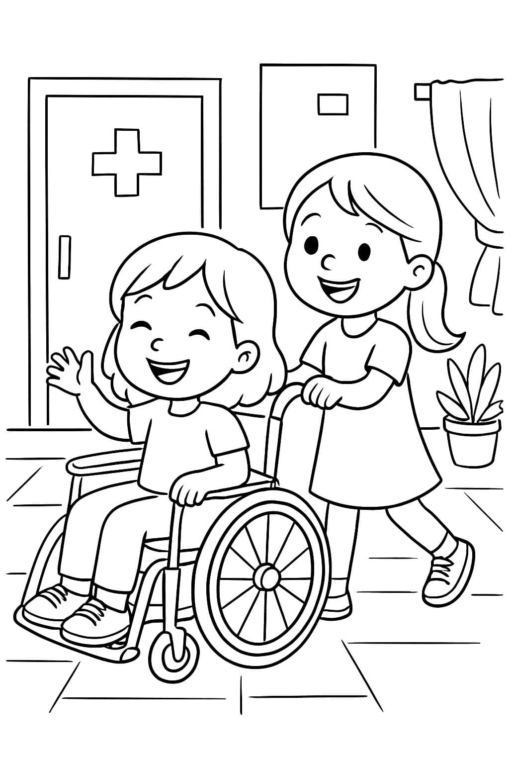 fille en fauteuil roulant à l'hôpital et une autre fille qui pousse