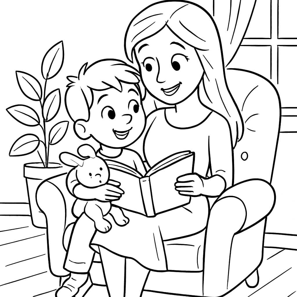 6-year-old boy cuddles on mom's lap on a chair. Mom is wearing a dress and has long hair. They are reading a book together. The boy is holding a cuddle bunny in his arm.