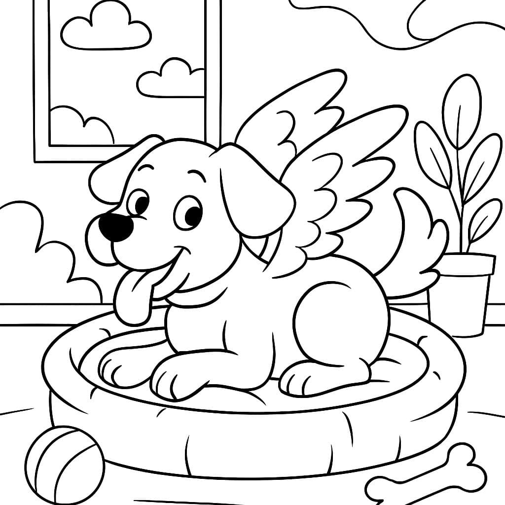 Ein Hund mit Flügeln, der auf einem Hundebett liegt