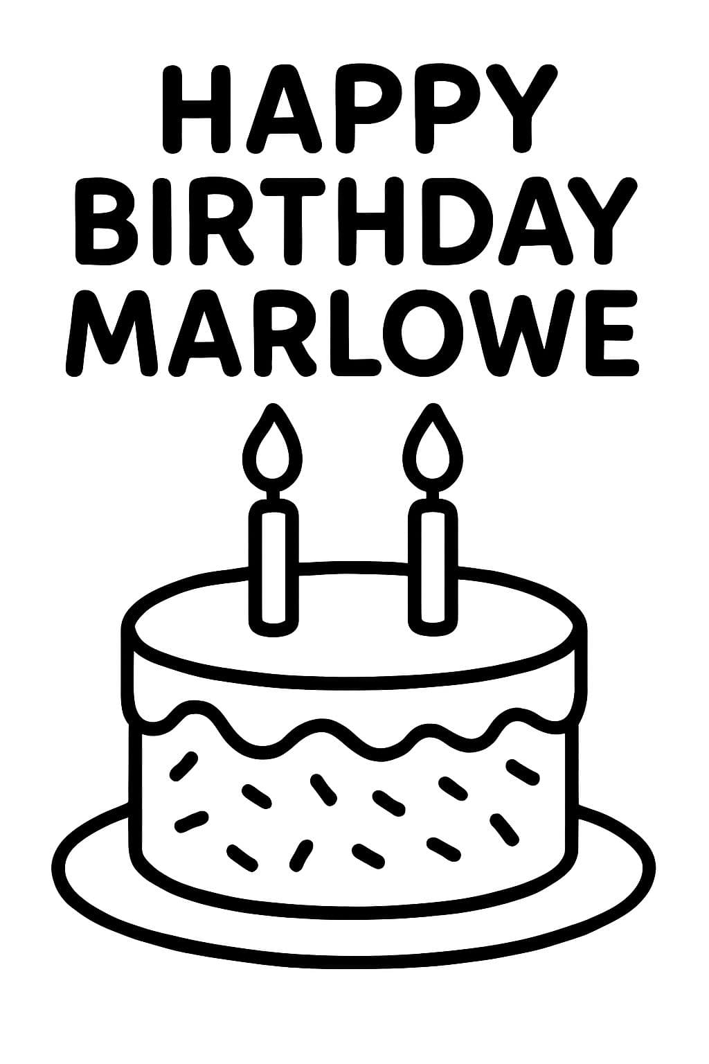 Joyeux anniversaire Marlowe avec un gâteau d'anniversaire avec des confettis et deux bougies