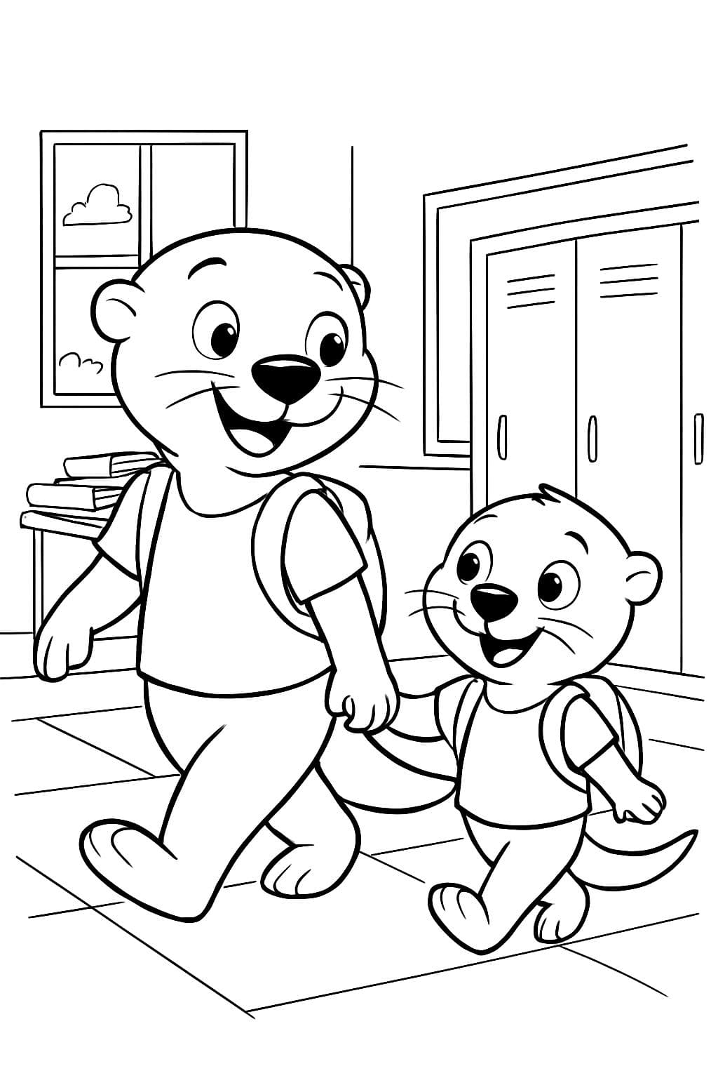 un grand enfant loutre tenant la main d'un petit loutre à l'école