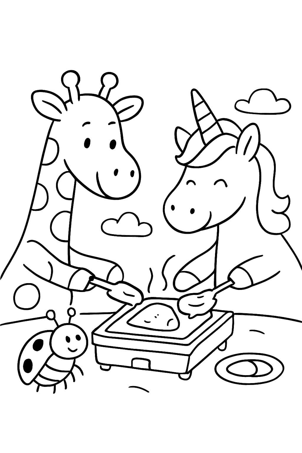 Una jirafa, un unicornio y un escarabajo están comiendo raclette