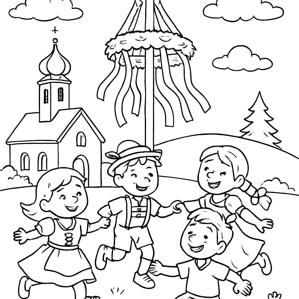 Niños bailando alrededor de un árbol de festival de iglesia en Baviera Superior