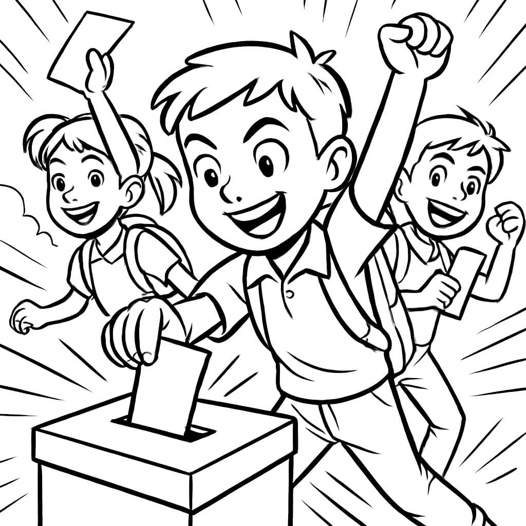 Schuljungen und Mädchen, die in eine Wahlurne abstimmen.