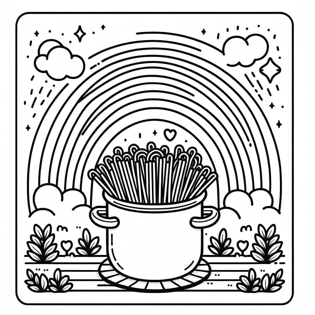 une casserole de nouilles avec des spaghettis et un arc-en-ciel
