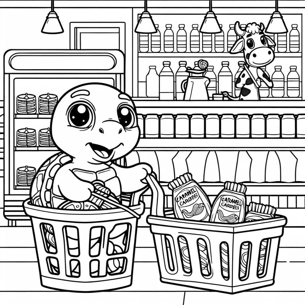 einen einkaufsladen mit in dem eine schildkröte einkauft. Sie hat einen einkaufskorb. In dem EInkaufskorb sind bonbons mit karamellgeschmack drin. Im hintergrund ist eine kuh zu sehen die einkauft.