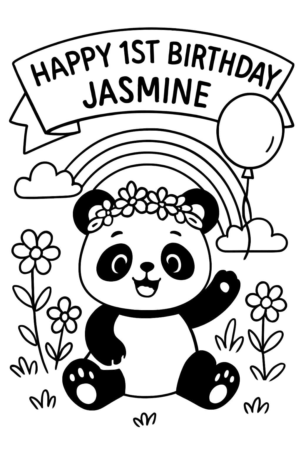 Panda mit Blumenkrone, der sagt: Herzlichen Glückwunsch zum 1. Geburtstag, Jasmine.