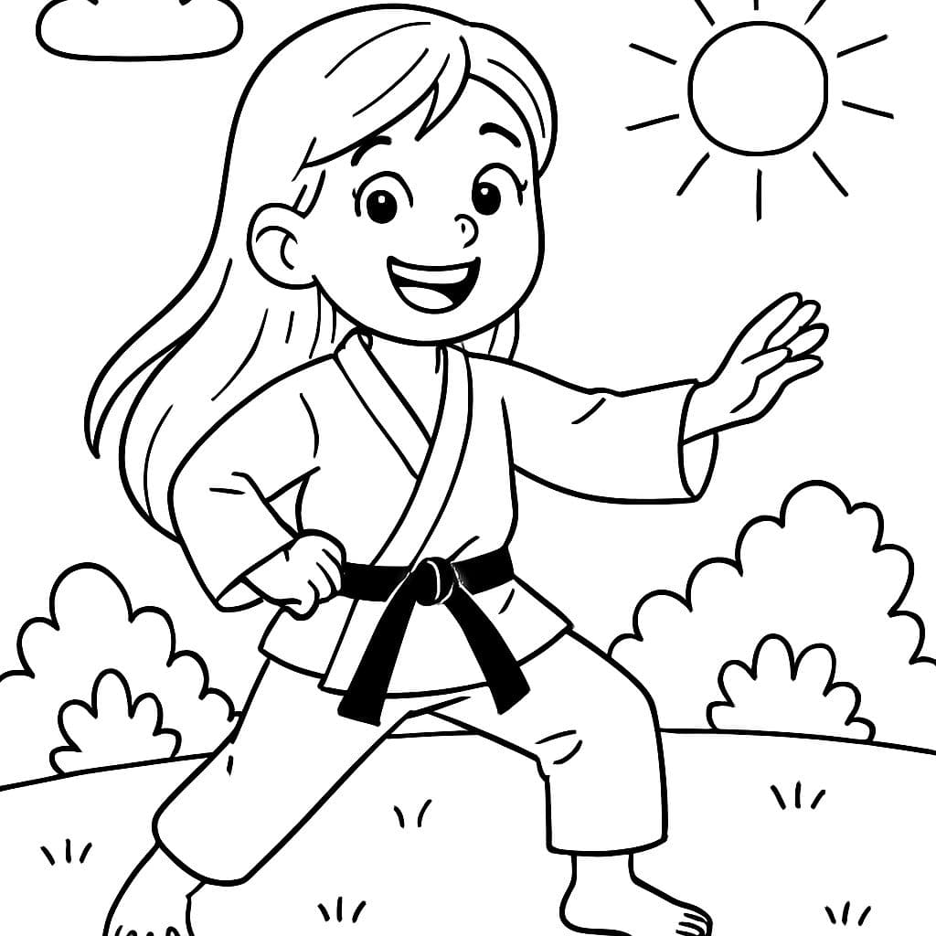 Niña de 10 años con cabello largo practicando judo.