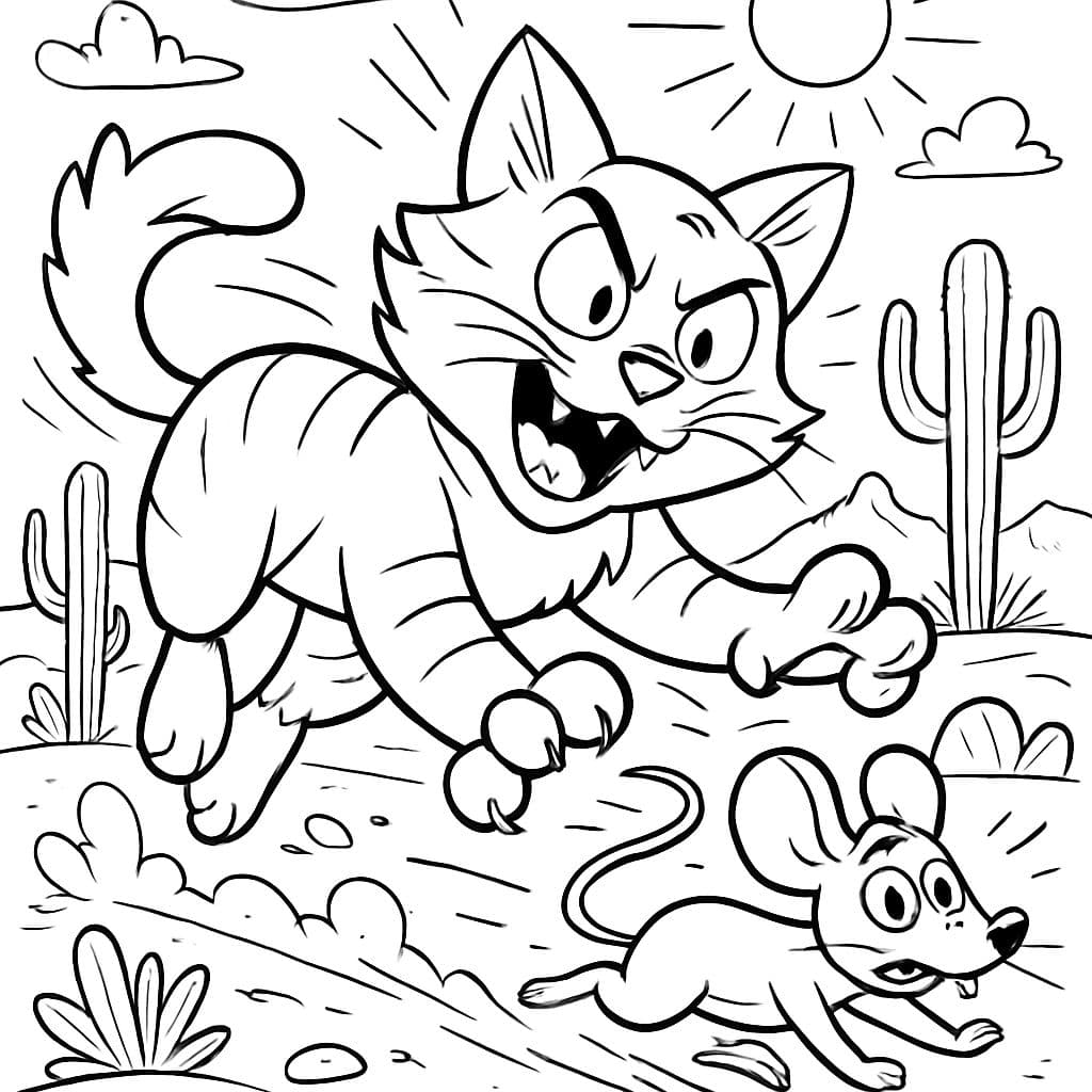 Un gato persiguiendo a un ratón en el desierto