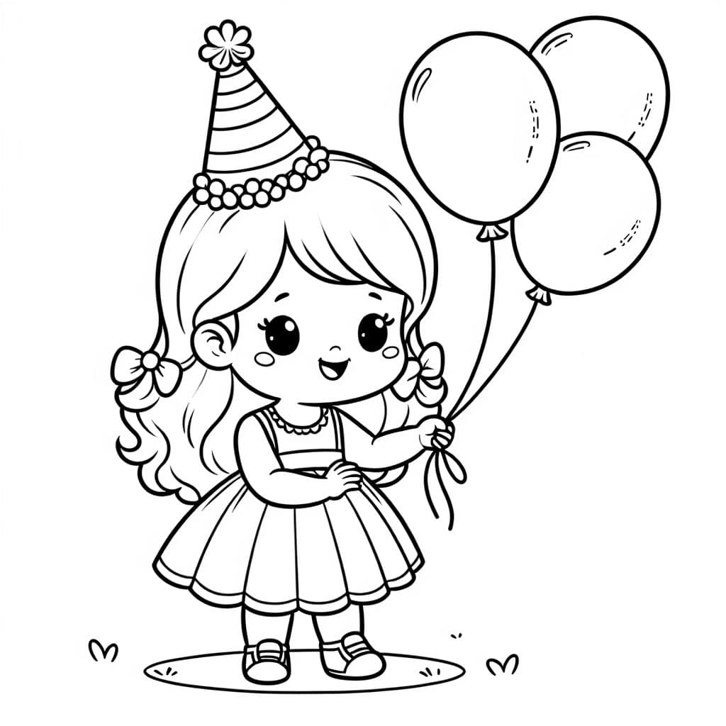 Ein kleines Mädchen mit einem Geburtstags-Hut, das Luftballons hält.