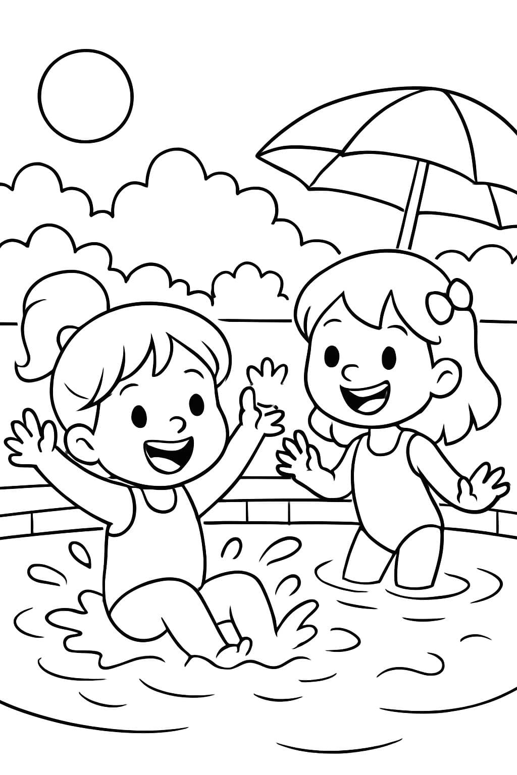 Fille de 3 ans jouant dans la piscine avec sa petite amie.