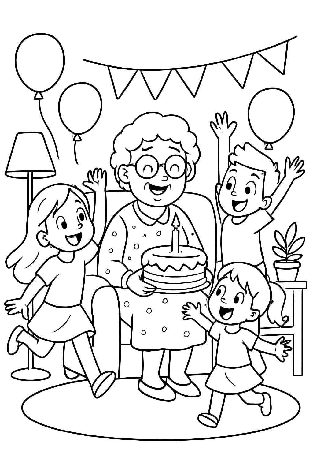 A grandmother in her living room on her birthday with her grandchildren, two girls, one older and one younger, and a medium-sized boy.