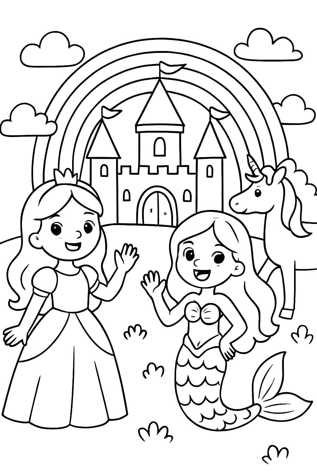 Eine Prinzessin und eine Meerjungfrau stehen vor einem Schloss mit einem Regenbogen darüber und einem Einhorn im Hintergrund.