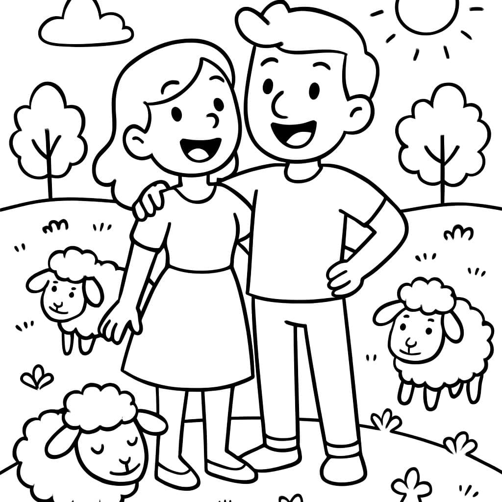Silhouette d'un couple se tenant ensemble dans un champ paisible avec des moutons