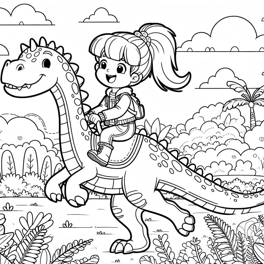 Girl with ponytail riding a long neck dinosaur