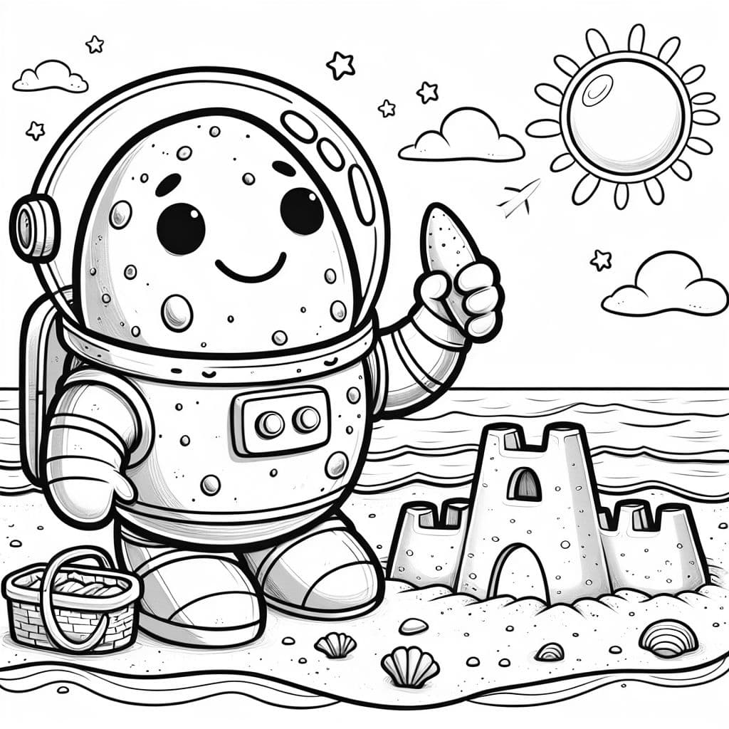 una papa en un traje espacial construyendo un castillo de arena en la playa