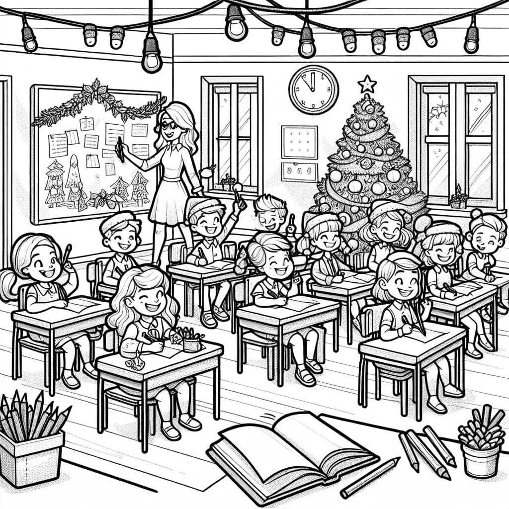 eine Schulklasse im Klassenzimmer mit Weihnachtsbaum