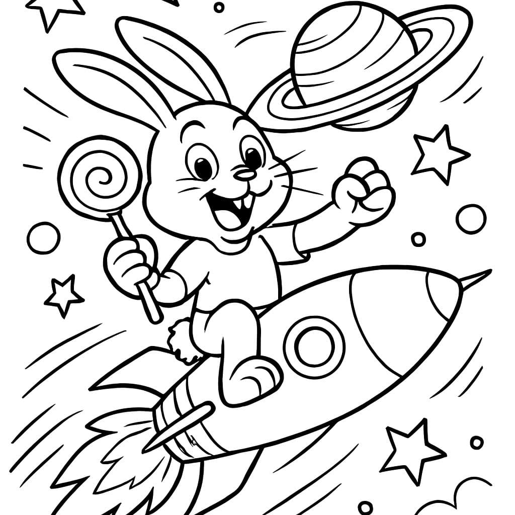 Un lapin avec une sucette chevauchant une fusée vers Saturne.