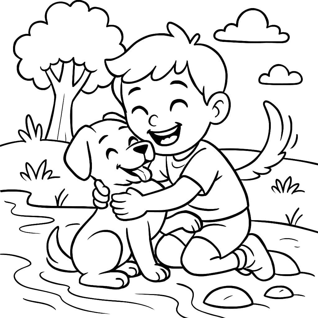 Niño abrazando a un perro al ser rescatado del río