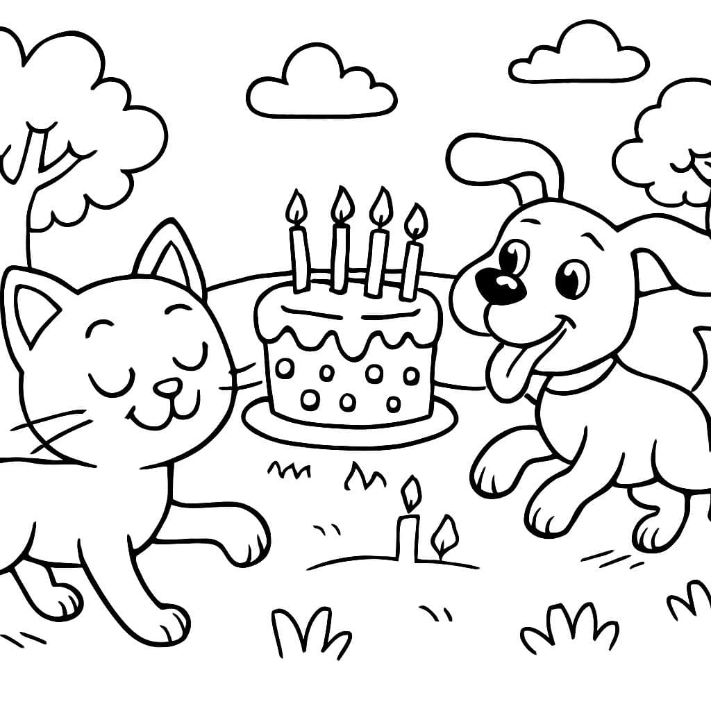 Un chat s'éloigne d'un gâteau d'anniversaire et un chien arrive.