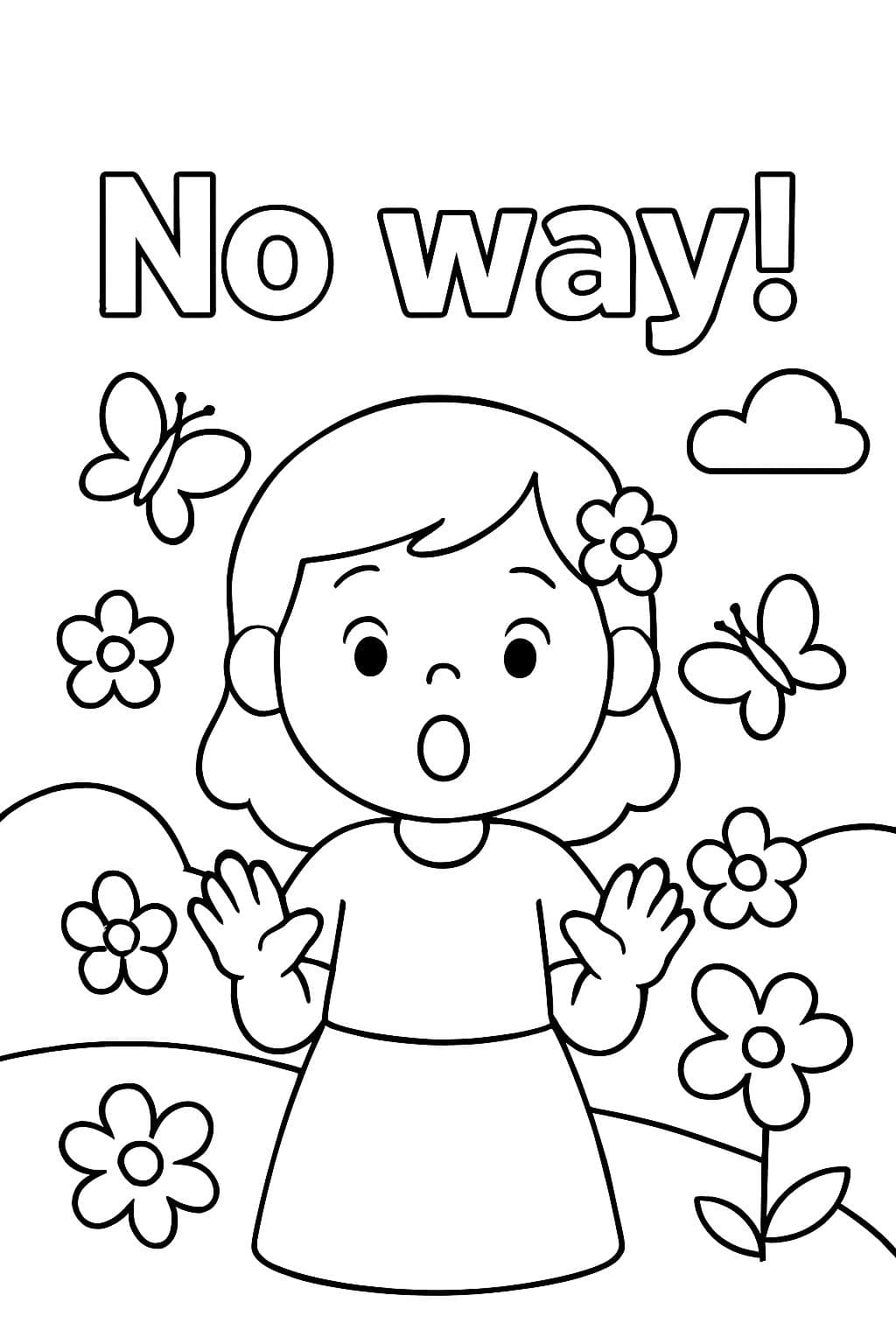 Une page qui dit 'Pas question!' avec des fleurs et des papillons