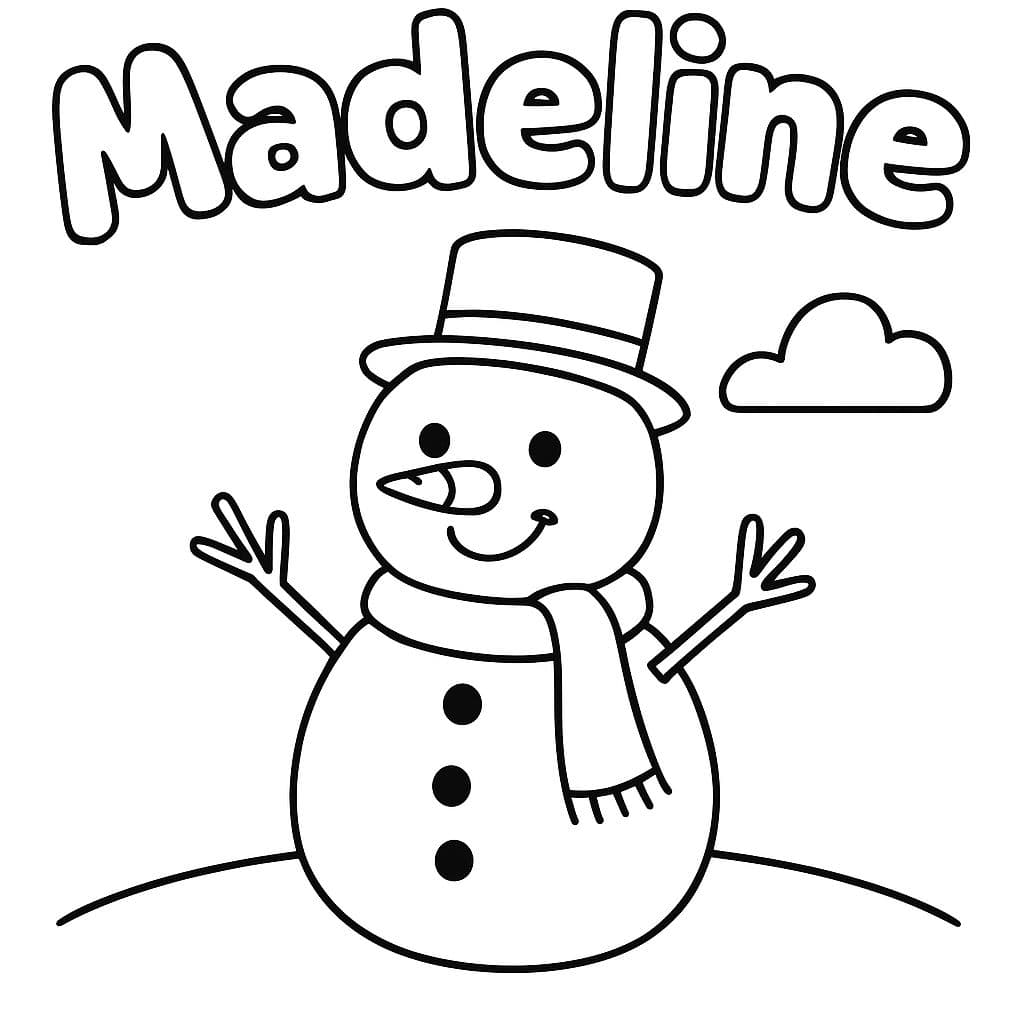 mon nom Madeline en lettres en bulles avec un bonhomme de neige