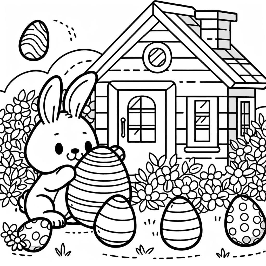 einen Osterhasen, der Eier hinter einem Haus versteckt
