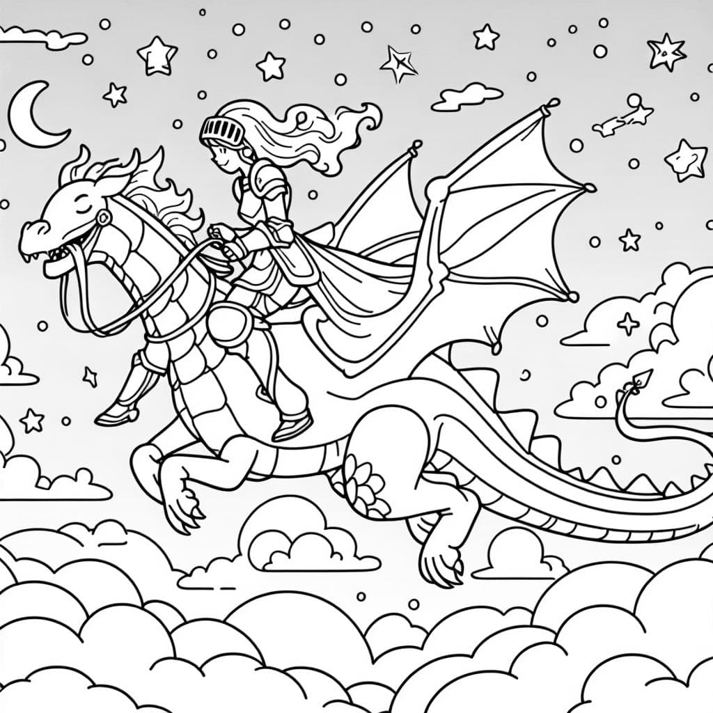 Sternhimmel mit Drachen auf dem eine ritterin sitzt