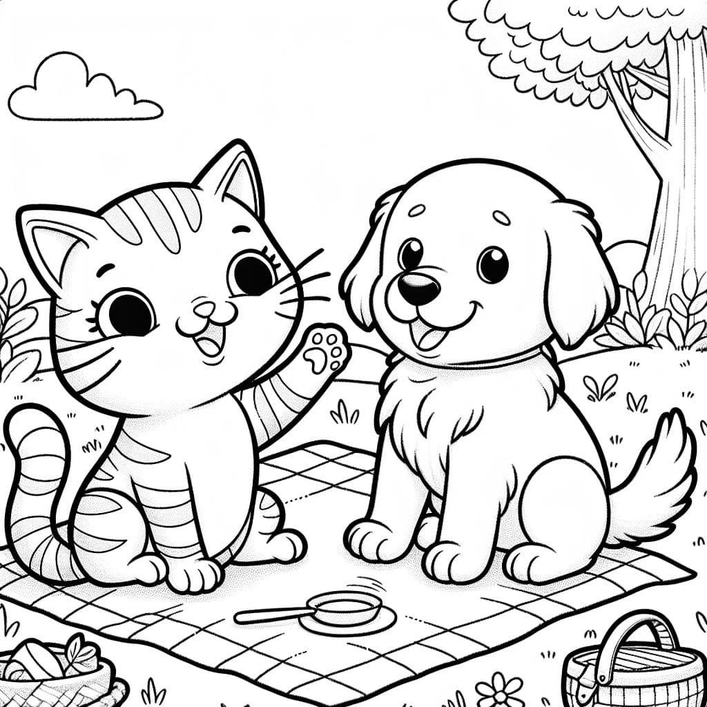 tabby cat with white belly and lab retriver dog