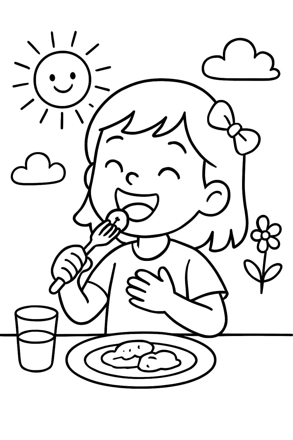 Una niña probando una nueva comida y tan feliz de que le encante.